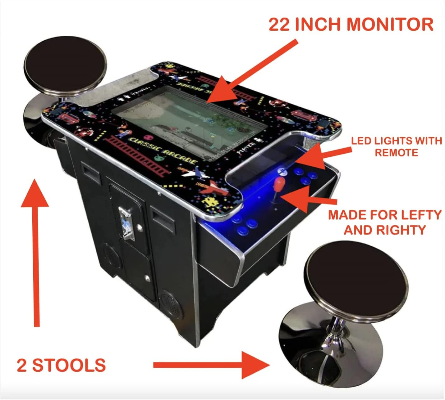 TOP US VIDEO ARCADES Full Size Commercial Grade Cocktail Arcade Machine 2 Player Retro 412 Games 22" LCD Screen Tempered Glass 2 Stools Included 5 Year Warranty Black