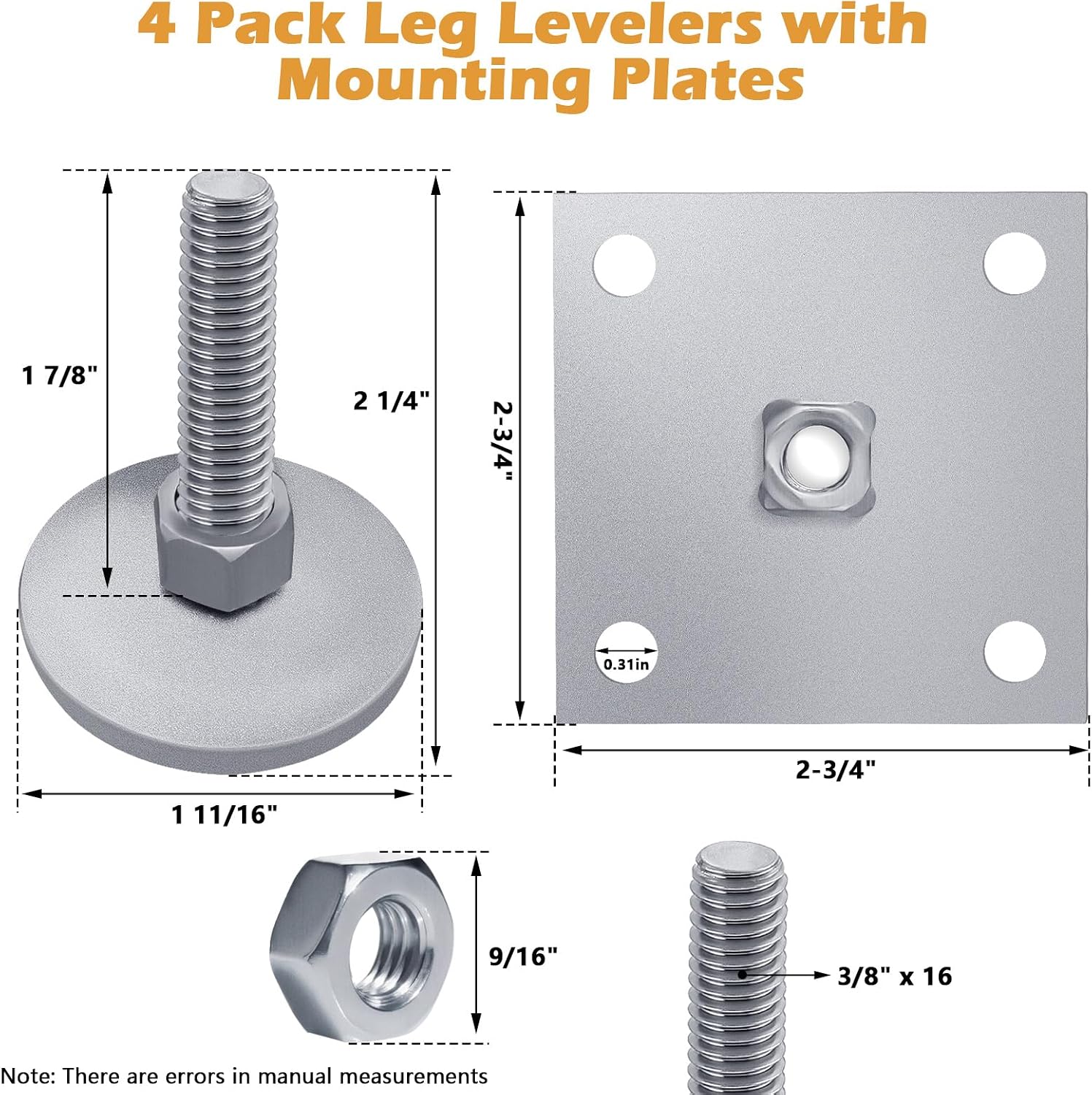 BigHead Heavy Duty 2" Leg Levelers Set with Square Mounting Plates Compatible with Arcade Cabinets & Pinball Machines (Bally