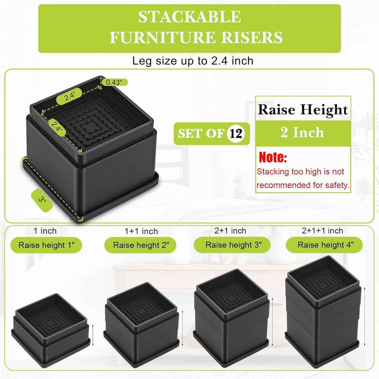 12 Pack Furniture Risers 2 or 4 Inch